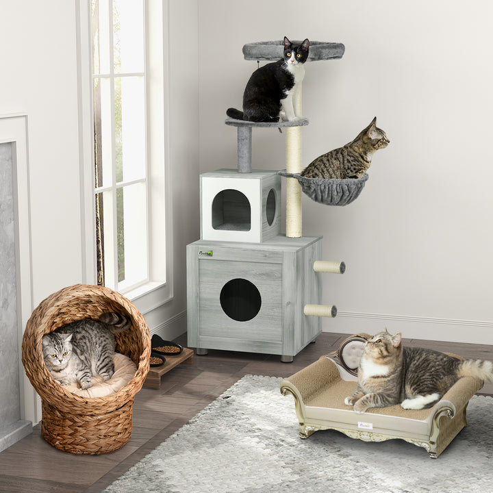 Enclosed Cat Litter Box with Cat House, Cat Bed, Scratching Posts, Platforms for Indoor Cats Use, Grey