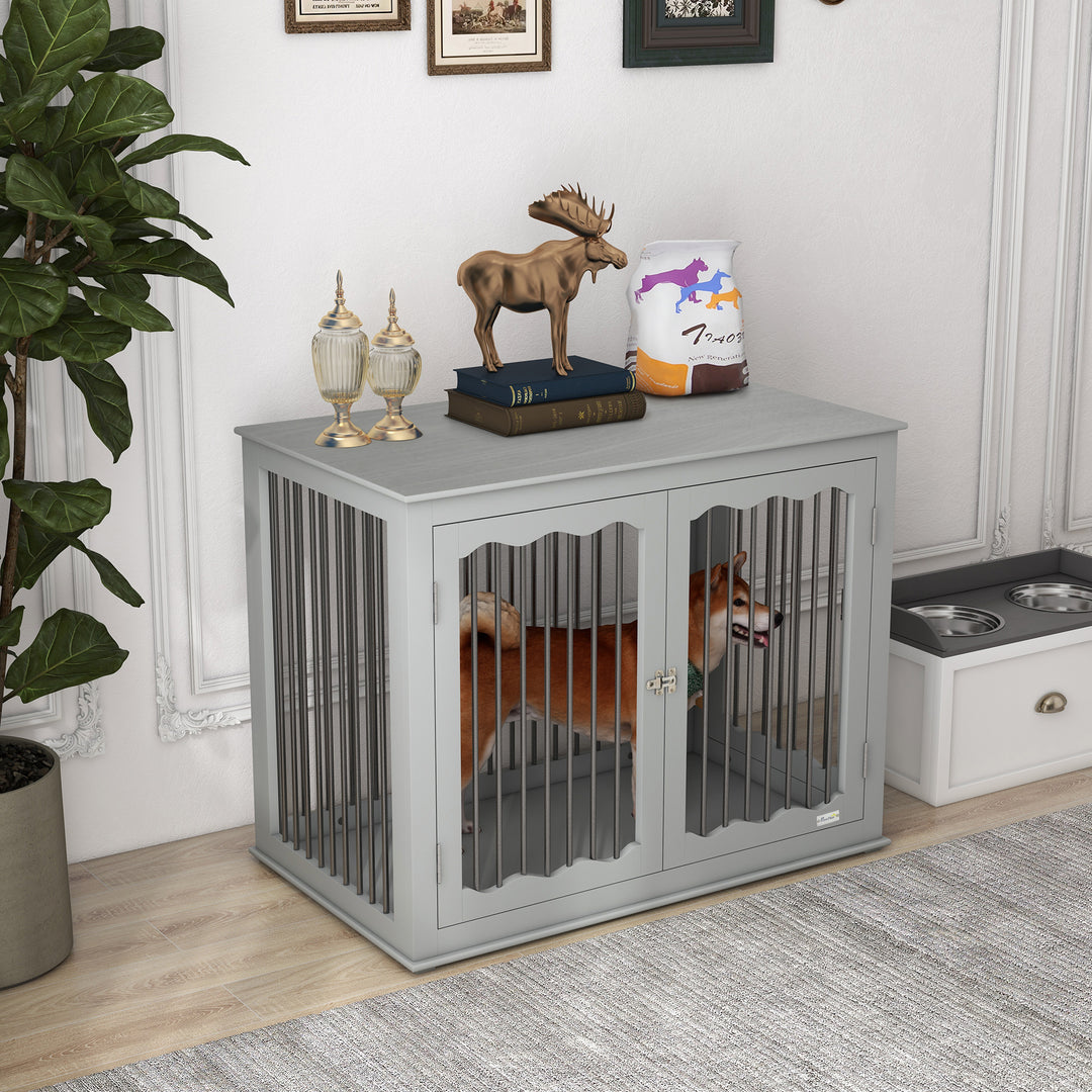 Dog Crate End Table w/ Three Doors, Furniture Style Dog Crate, for Big Dogs, Indoor Use w/ Locks and Latches - Grey