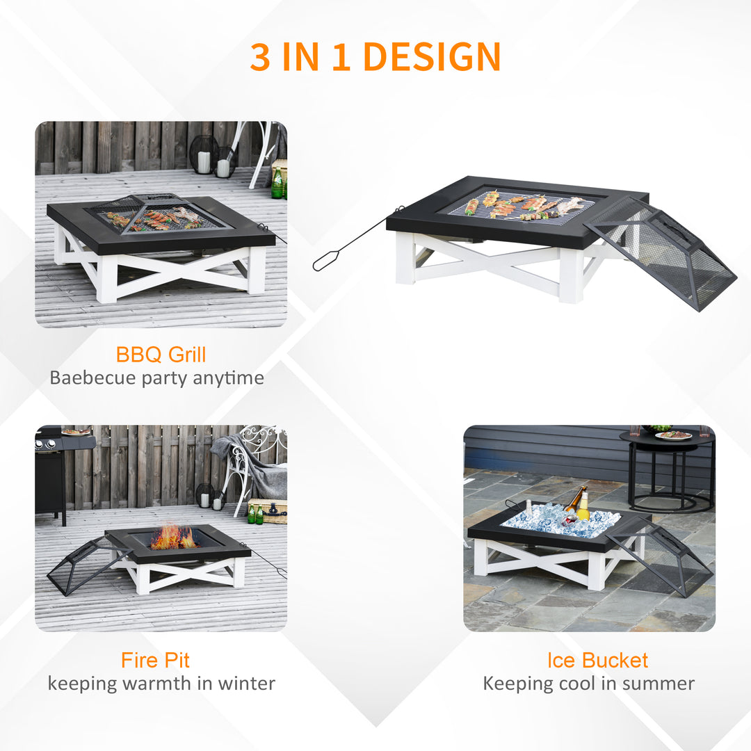 Outsunny Metal Large Firepit Outdoor 3 in 1 Square Fire Pit Brazier w/ BBQ Grill, Lid, Log Grate, Poker for Backyard, Bonfire, 86 x 86 x 38cm, Black