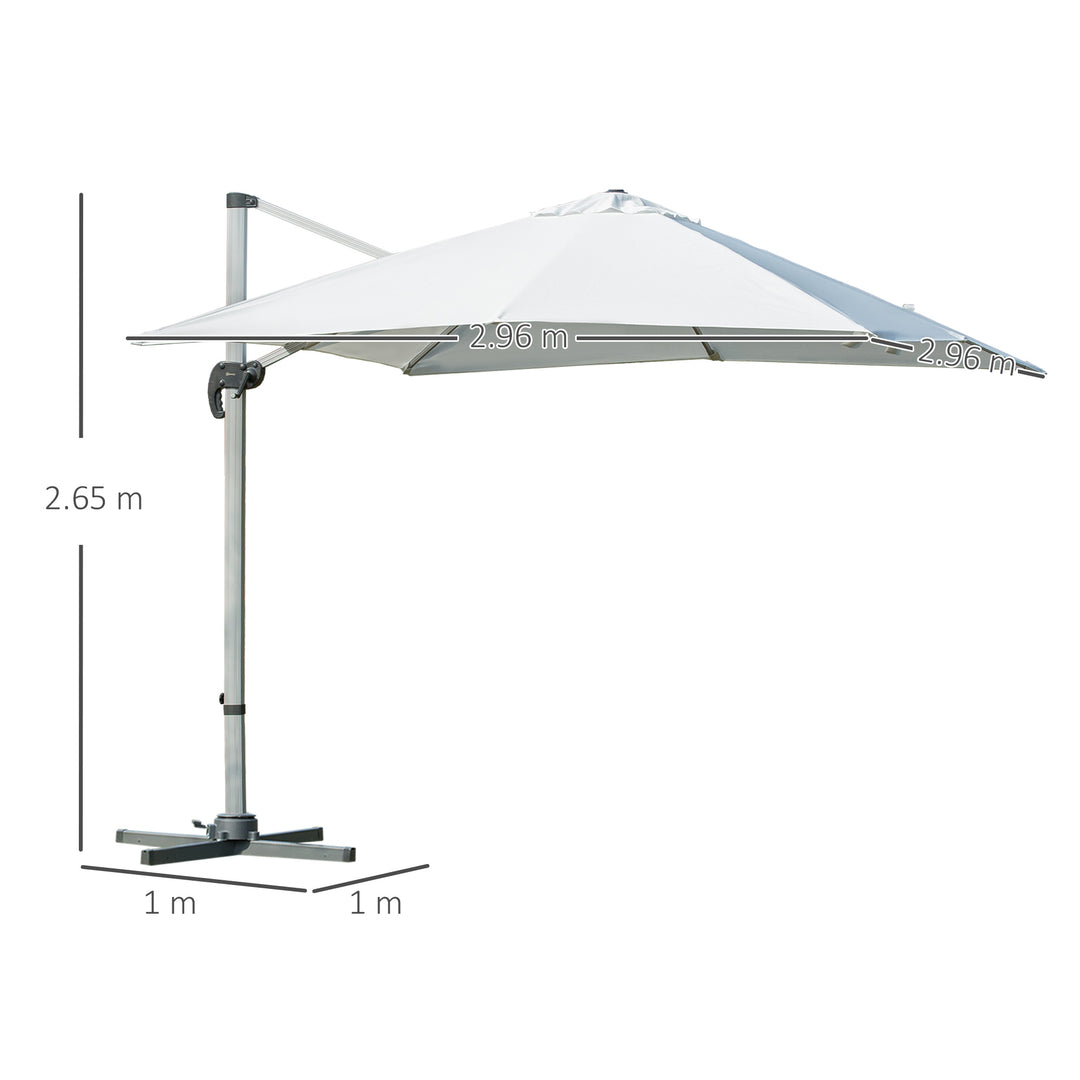 3m Cantilever Roma Parasol Aluminium Frame 360 Rotation Hanging Parasol with/ Cross Base White