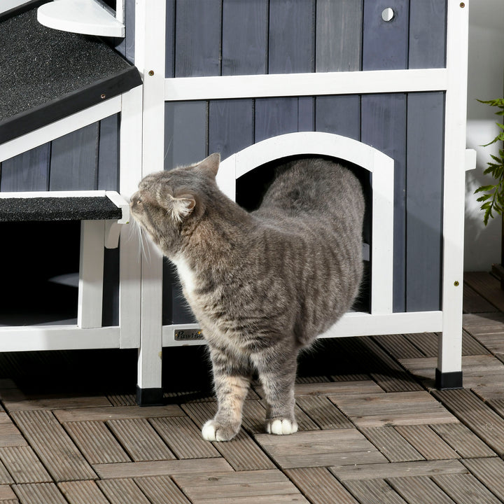 Wooden Cat House Outdoor with Shelter with Window, Water-resistant Roof, Grey