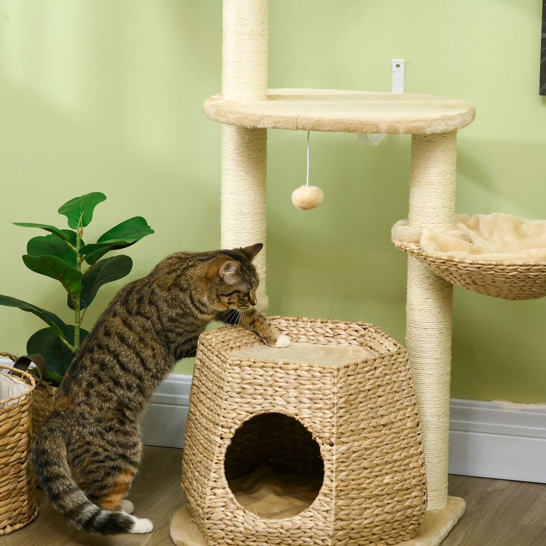 Cat Tree Tower for Indoor Cats, Climbing Activity Centre, Kitten Furniture with Cattail Fluff Bed House, Sisal Scratching Post, Hanging Ball, 50 x 50 x 119cm, Natural