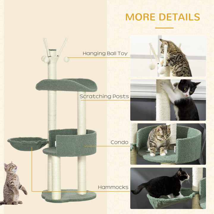 Cat Tree, Climbing Kitten Cat Tower Activity Center for Indoor Cats with Sisal Scratching Post, Hammock, Kitten Bed, Hanging Ball Toy, Green