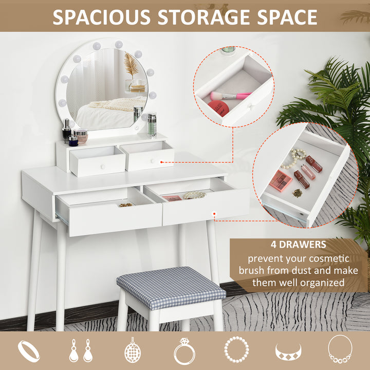 Dressing Table Set with LED with Table Stool Table Stool Set Makeup Dresser Desk with 4 Drawers for Bedroom White