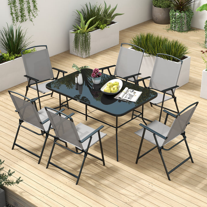 7 Piece Garden Furniture Set with Glass Dining Table and Folding Chairs, 6 Seater Outdoor Patio Furniture for Deck and Balcony, Black