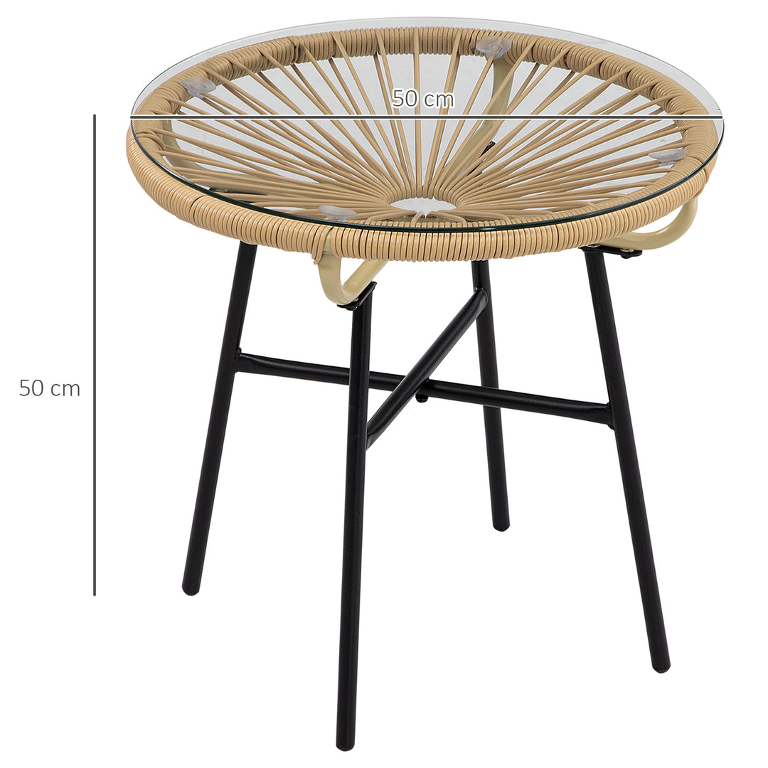 Rattan Side Table, Round Outdoor Coffee Table, with Round PE Rattan and Tempered Glass Table Top for Patio, Garden, Balcony, Black