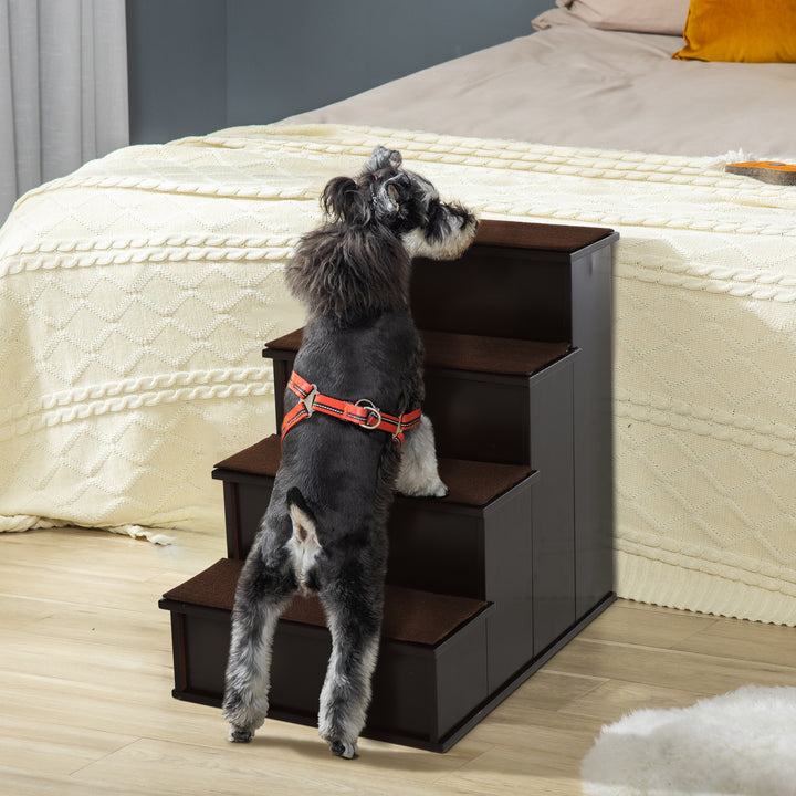 PawHut 4 Step Cushioned Pet Stairs Ramp Steps for Dogs, Cat Ladder for Bed Couch with Non-Slip Carpet, 40 x 59 x 54.2 cm, Dark Coffee