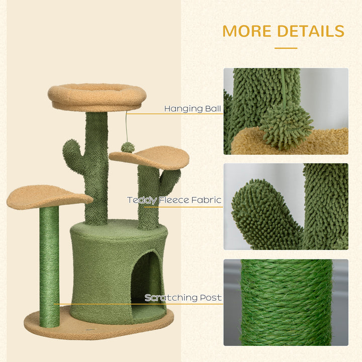 PawHut Cactus Cat Tree, 83cm Cat Climbing Tower, kitten Activity Centre with Teddy Fleece House, Bed, Sisal Scratching Post and Hanging Ball, Green