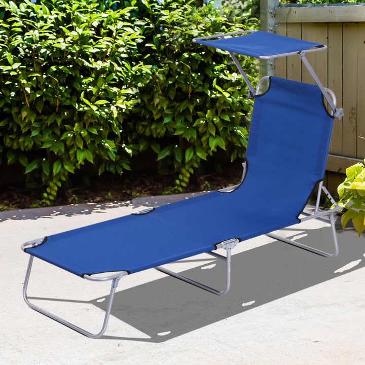 Outsunny Reclining Chair Folding Lounger Seat Sun Lounger with Sun Shade Awning Beach Garden Outdoor Patio Recliner Adjustable, Blue