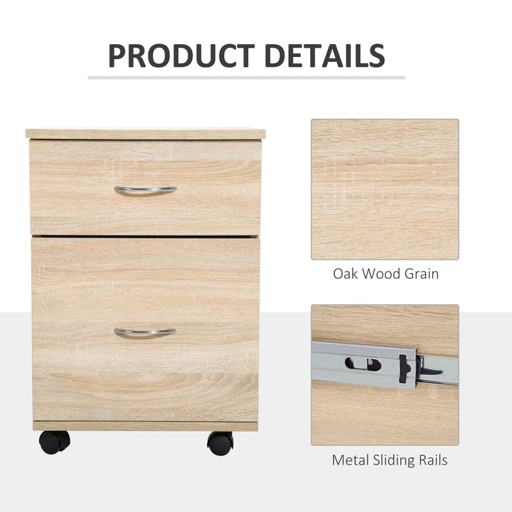 Mobile Wooden 2 Drawers Cabinet Storage Box with Wheels (Oak)