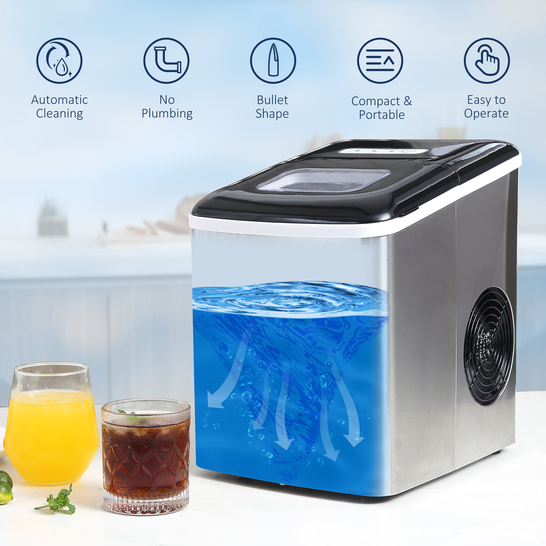 Ice Maker Machine, Counter Top Ice Cube Maker for Home 12kg in 24 Hrs 1.8L with Self Cleaning Function Scoop and Basket Stainless Steel Black