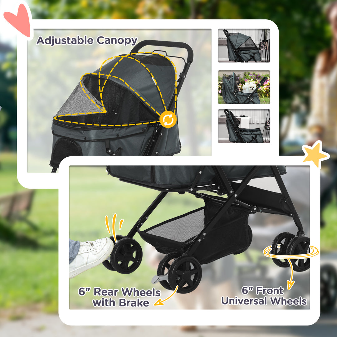 PawHut Pet Stroller Dog Pushchair Foldable Jogger with Reversible Handle EVA Wheel Brake Basket Adjustable Canopy Safety Leash Grey