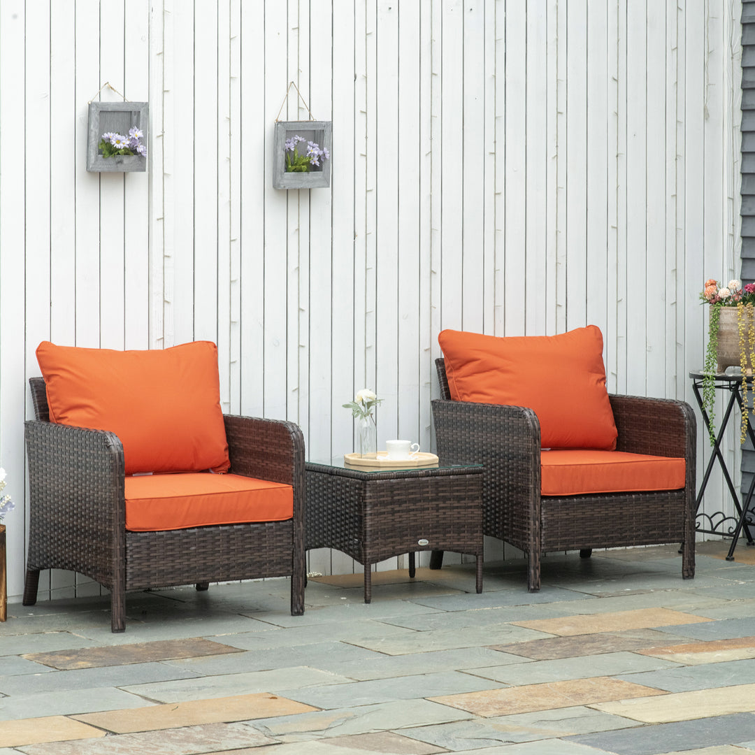5 Pcs PE Rattan Garden Furniture Set, 2 Armchairs 2 Stools Glass Top Table Cushions Wicker Weave Chairs Outdoor Seating, Brown