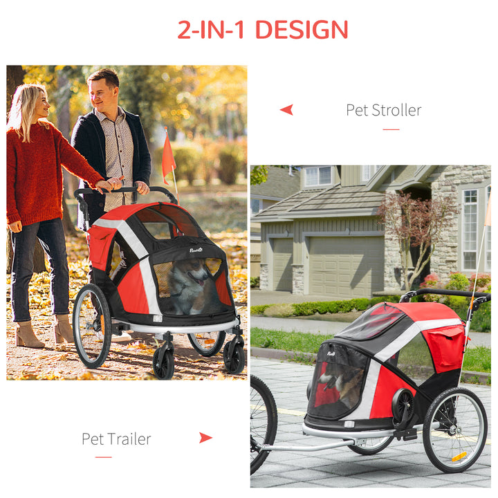 Dog Bike Trailer, Two-In-One Foldable Pet Bike Trailer w/ Safety Leash, Flag, for Small Cats, Puppies, Camping, Hiking - Red