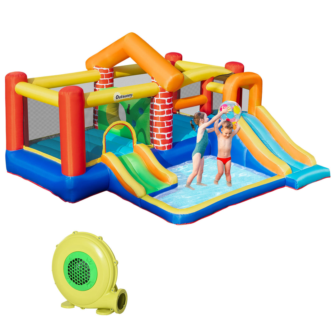 Outsunny 4 in 1 Kids Bounce Castle Extra Large Double Slides & Trampoline Design Inflatable House Pool Climbing Wall for Kids Age 3-8, 3.8x3.7x2.3m
