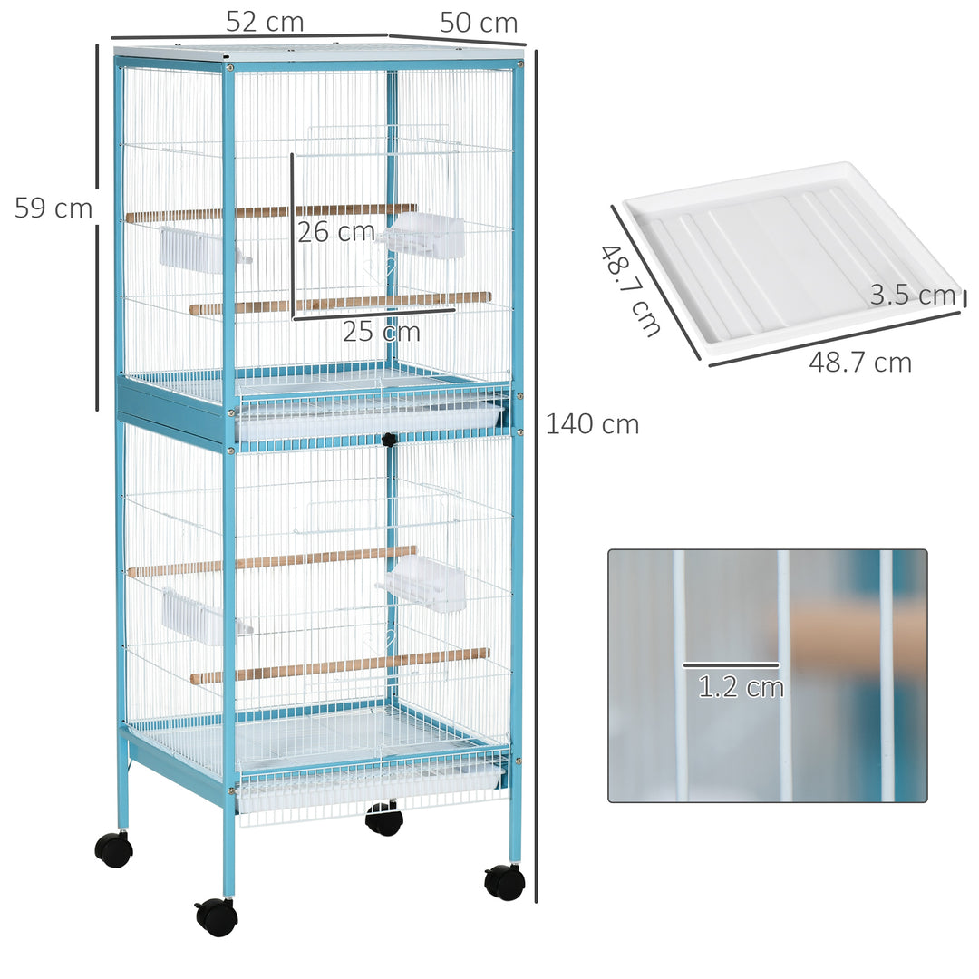 2 In 1 Large Bird Cage Aviary for Finch Canaries, Budgies with Wheels, Slide-out Trays, Wood Perch, Food Containers, Light Blue