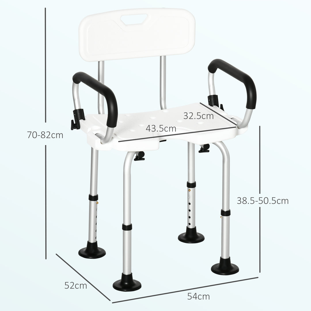 Shower Chair for the Elderly and Disabled, Height Adjustable Shower Stool with Back and Flipped Padded Arms, Suction Foot Pads, White