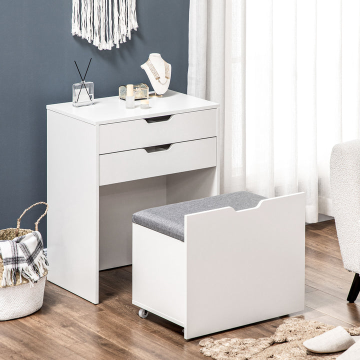 Dressing Table with Flip-up Mirror and Storage Stool, Vanity Table with Drawer and Hidden Compartments for Bedroom, Living Room, White