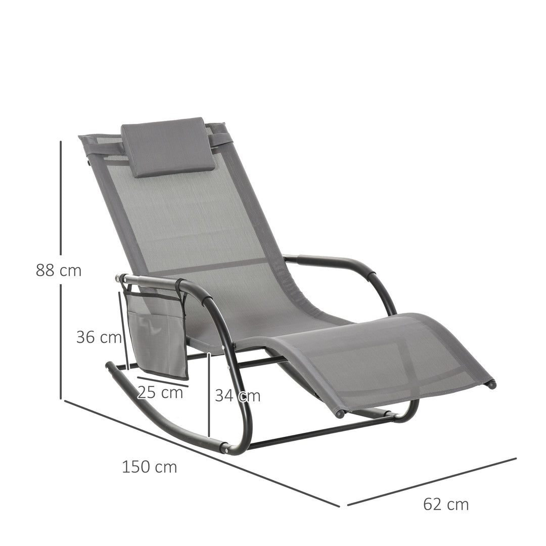 Breathable Mesh Rocking Chair Patio Rocker Lounge for Indoor &amp; Outdoor Recliner Seat w/ Removable Headrest for Garden and Patio Grey