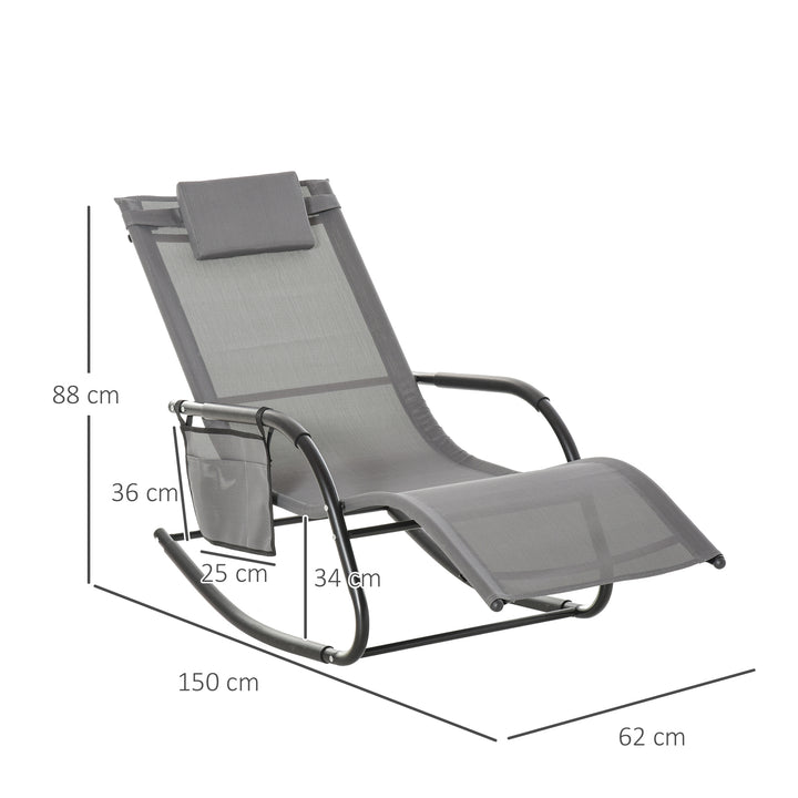 Breathable Mesh Rocking Chair Patio Rocker Lounge for Indoor &amp; Outdoor Recliner Seat w/ Removable Headrest for Garden and Patio Grey