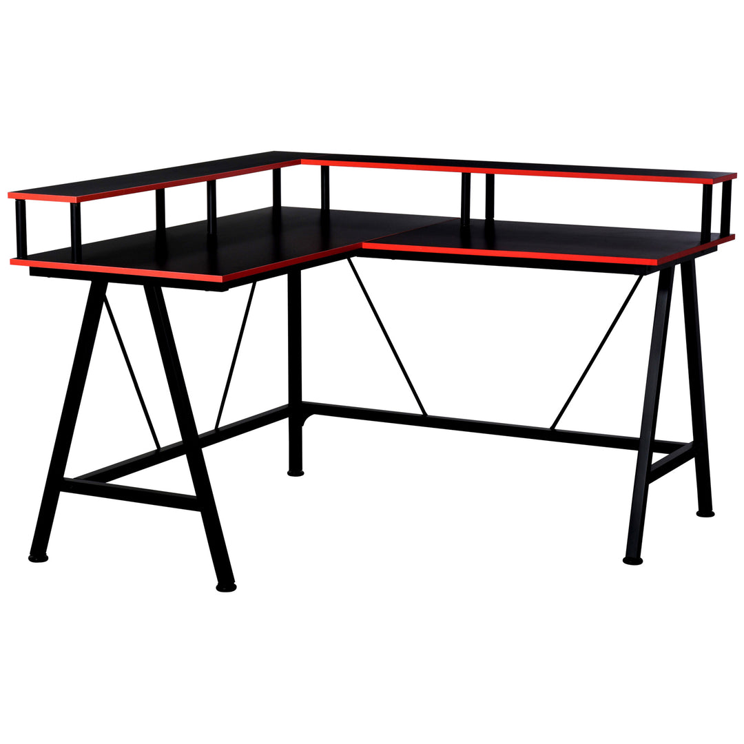 HOMCOM L-Shape Corner Gaming Desk Computer Table with Elevated Monitor Shelf Workstation, Black Red