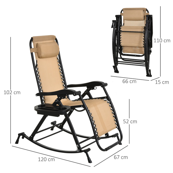 Outdoor Rocking Chair Folding Recliner Adjustable Sun Lounger with Headrest Side Holder Patio Deck - Beige