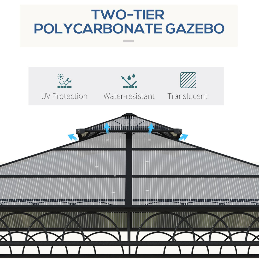 3 x 3 (m) Outdoor Polycarbonate Gazebo, Double Roof Hard Top Gazebo with Galvanized Steel Frame, Nettings & Curtains