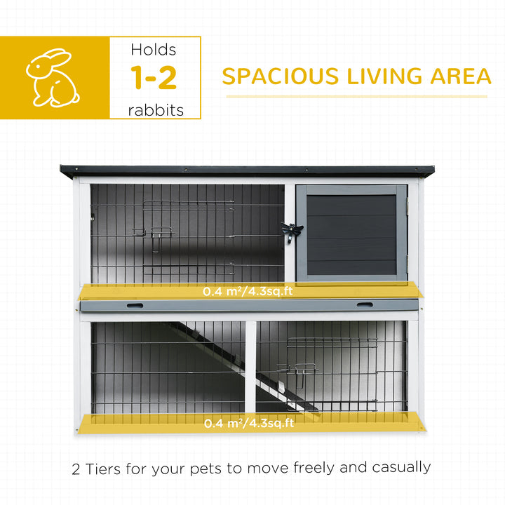 PawHut Small Animal Two-Level Fir Wood Hutch w/ Slide Out Tray Grey