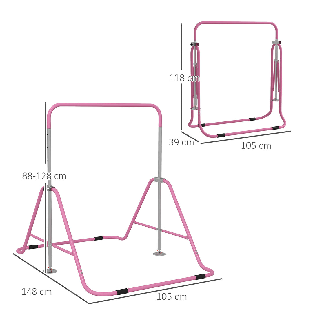 Gymnastics Bar for Kids, Folding Horizontal Bars with Adjustable Height, Training Bar with Triangle Base, Pink