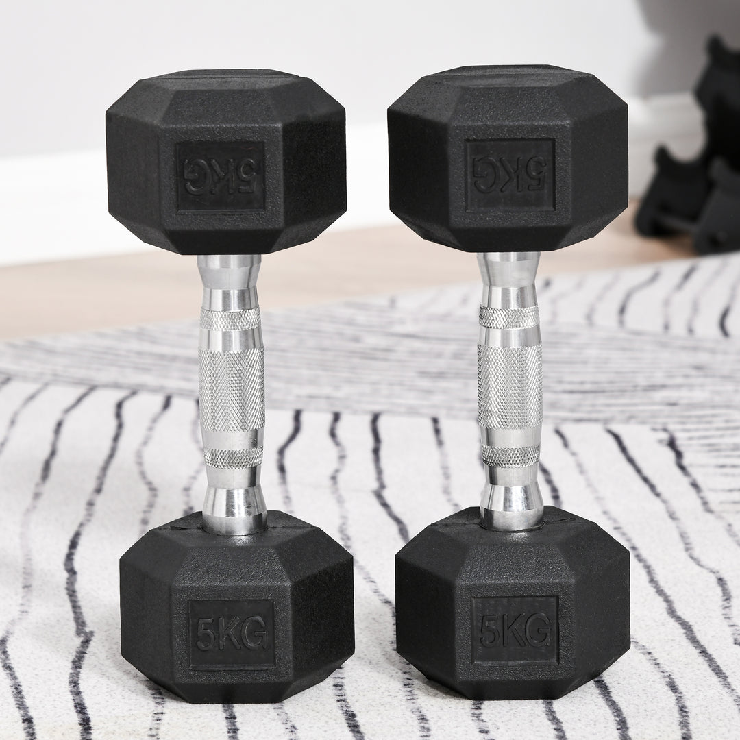 HOMCOM Rubber Dumbbell Sports Hex Weights Sets Home Gym Fitness Hexagonal Dumbbells Kit Weight Lifting Exercise (2 x 5kg)