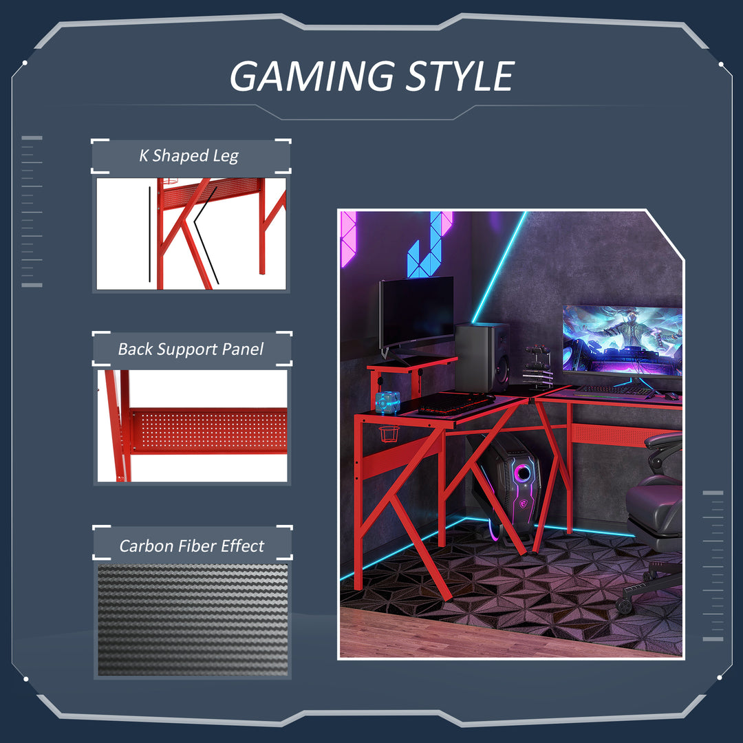 Gaming Desk L-Shaped Corner Computer Table for Home Office PC Workstations with Adjustable Monitor Stand , Red