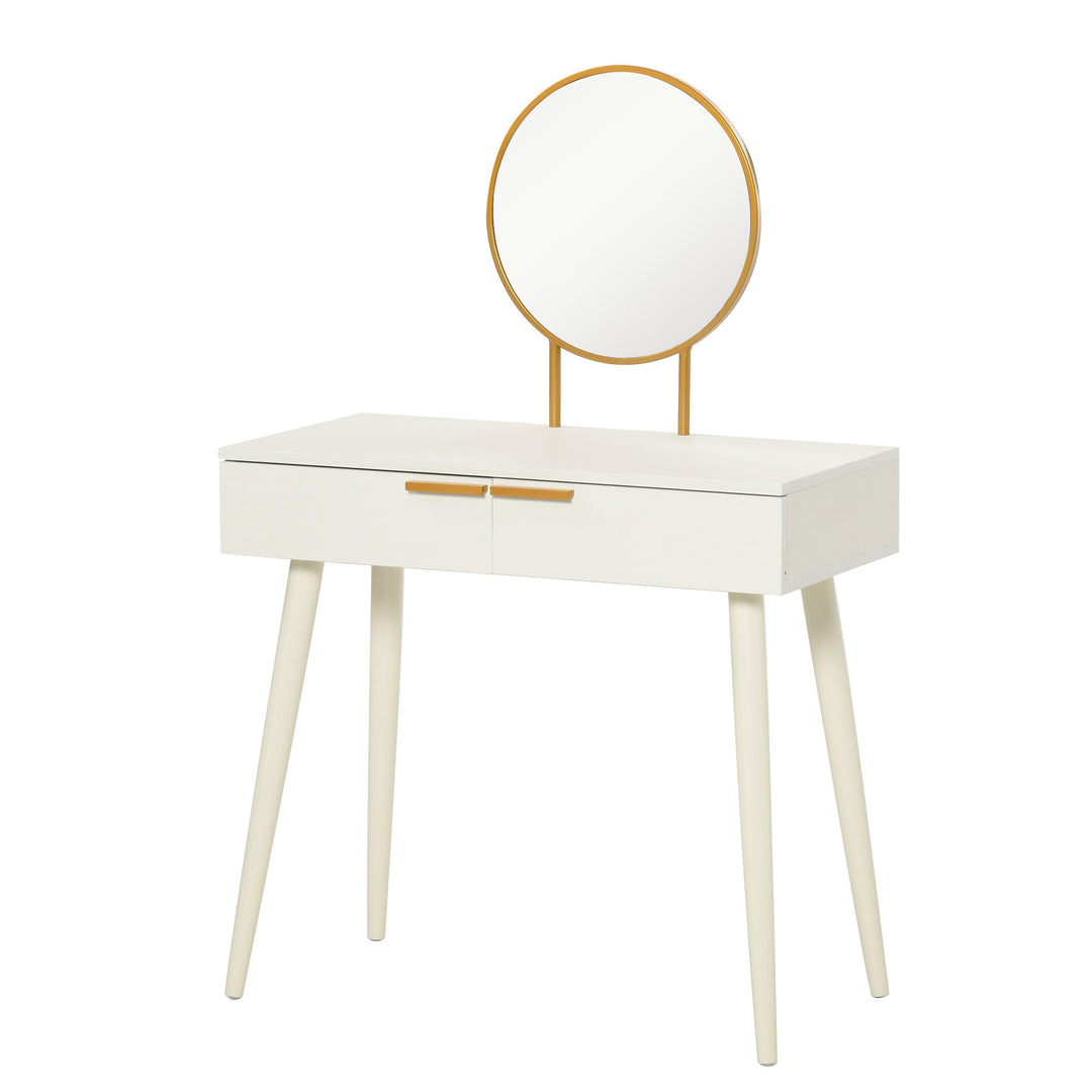 Modern Dressing Table with Round Mirror, Makeup Vanity Table with 2 Drawers for Bedroom, Living Room, White