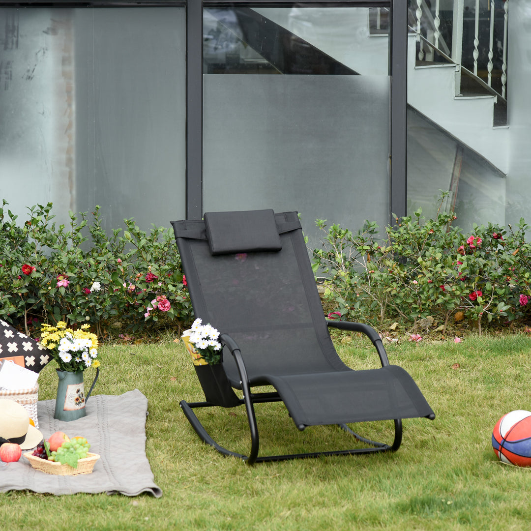 Breathable Mesh Rocking Chair Patio Rocker Lounge for Indoor &amp; Outdoor Recliner Seat w/ Removable Headrest for Garden and Patio Black