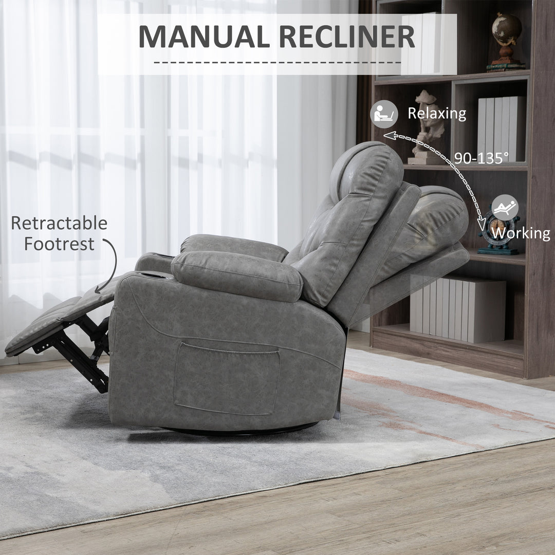 Manual Reclining Chair, Recliner Armchair with Faux Leather, Footrest, Cup Holders, 86x93x102cm, Grey