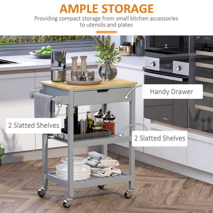 Kitchen Trolley Utility Cart on Wheels with Rubberwood Worktop, Towel Rack, Storage Shelves & Drawer for Dining Room, Grey