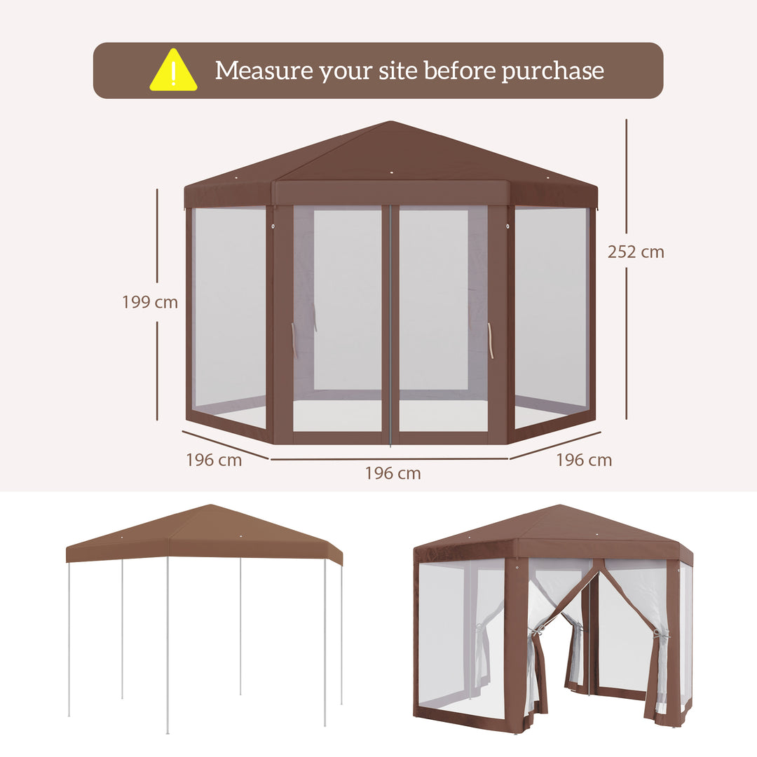 Hexagonal Garden Gazebo Patio Party Outdoor Canopy Tent Sun Shelter with Mosquito Netting and Zipped Door, Brown