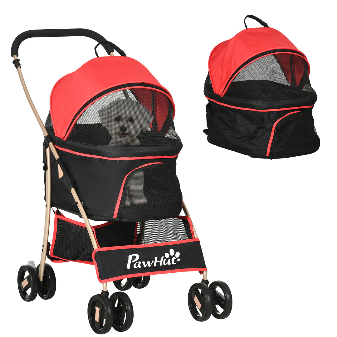 PawHut Pet Stroller Detachable 3-In-1 Dog Pushchair Cat Travel Carriage Foldable Bag w/ Universal Wheel, Brake Canopy for XS & S Sized Pets, Red