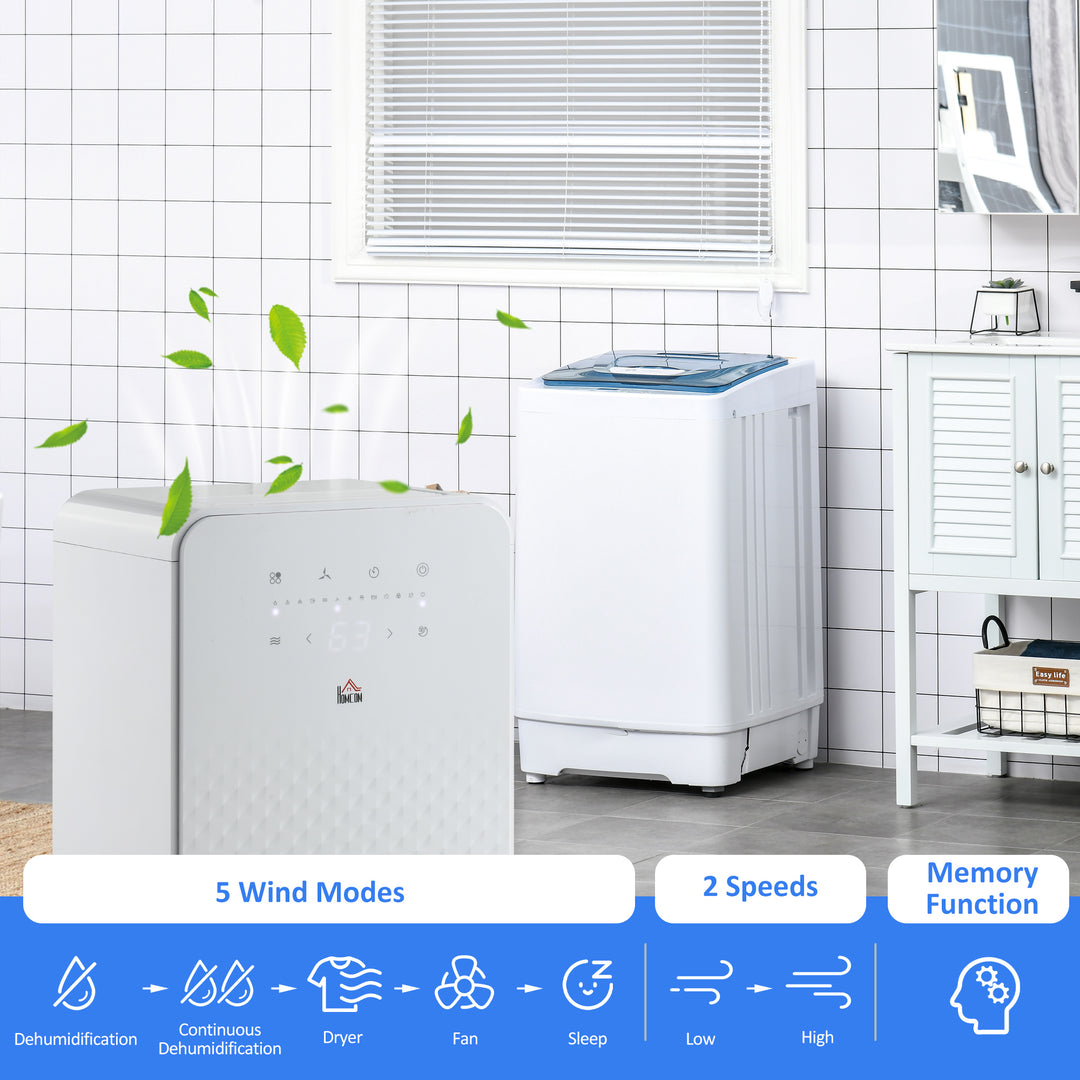 2000mL Portable Dehumidifier with Air Purifier, 24H Timer, 5 Modes, 12L/Day, for Home Laundry, White