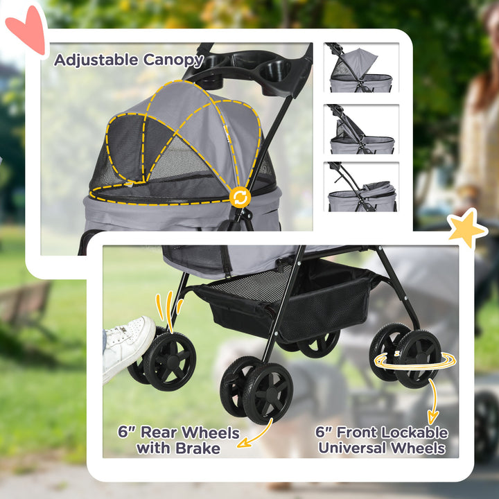 PawHut No-Zip Pet Stroller Dog Cat Travel Pushchair One-Click Fold Trolley Jogger with EVA Wheels Brake Basket Adjustable Canopy Safety Leash Grey