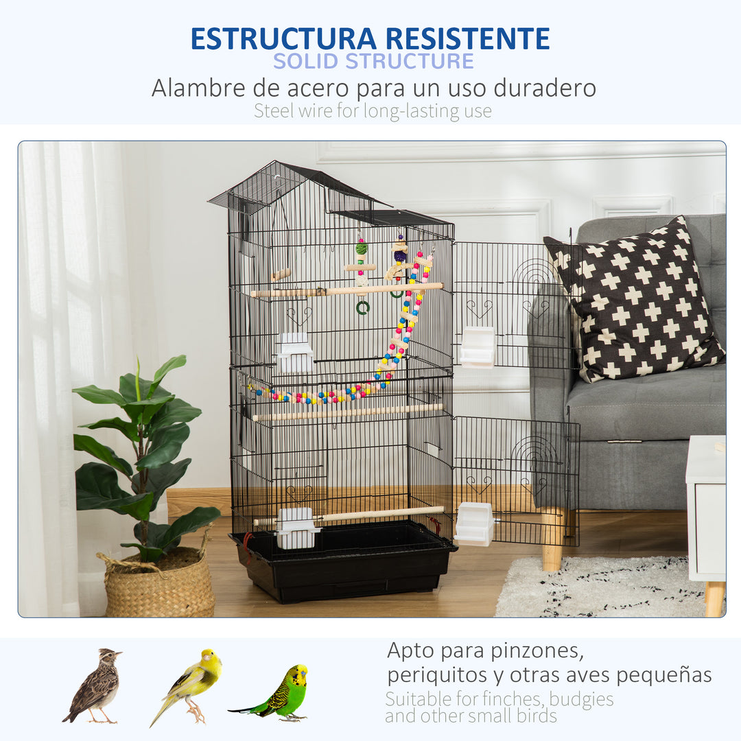 PawHut Bird Cage for Budgies Finches Canaries with Accessories, Toys, Tray, Handle, 46 x 36 x 100 cm, Black