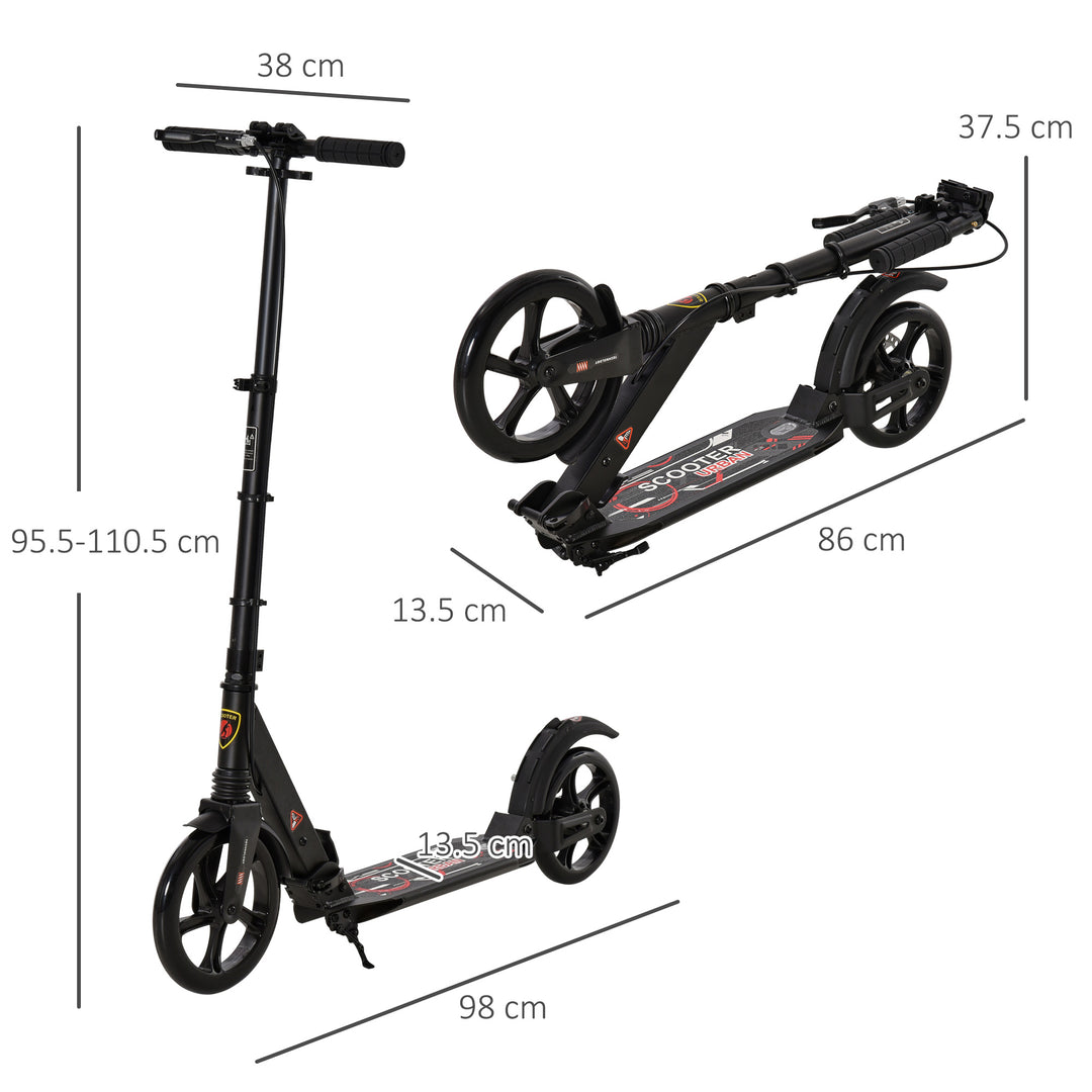 Teens Adult Kick Scooter Foldable Adjustable Aluminum Ride On Toy For 14+ w/ Dual Brake System, Shock Mitigation System - Black 95.5-110.5H CM