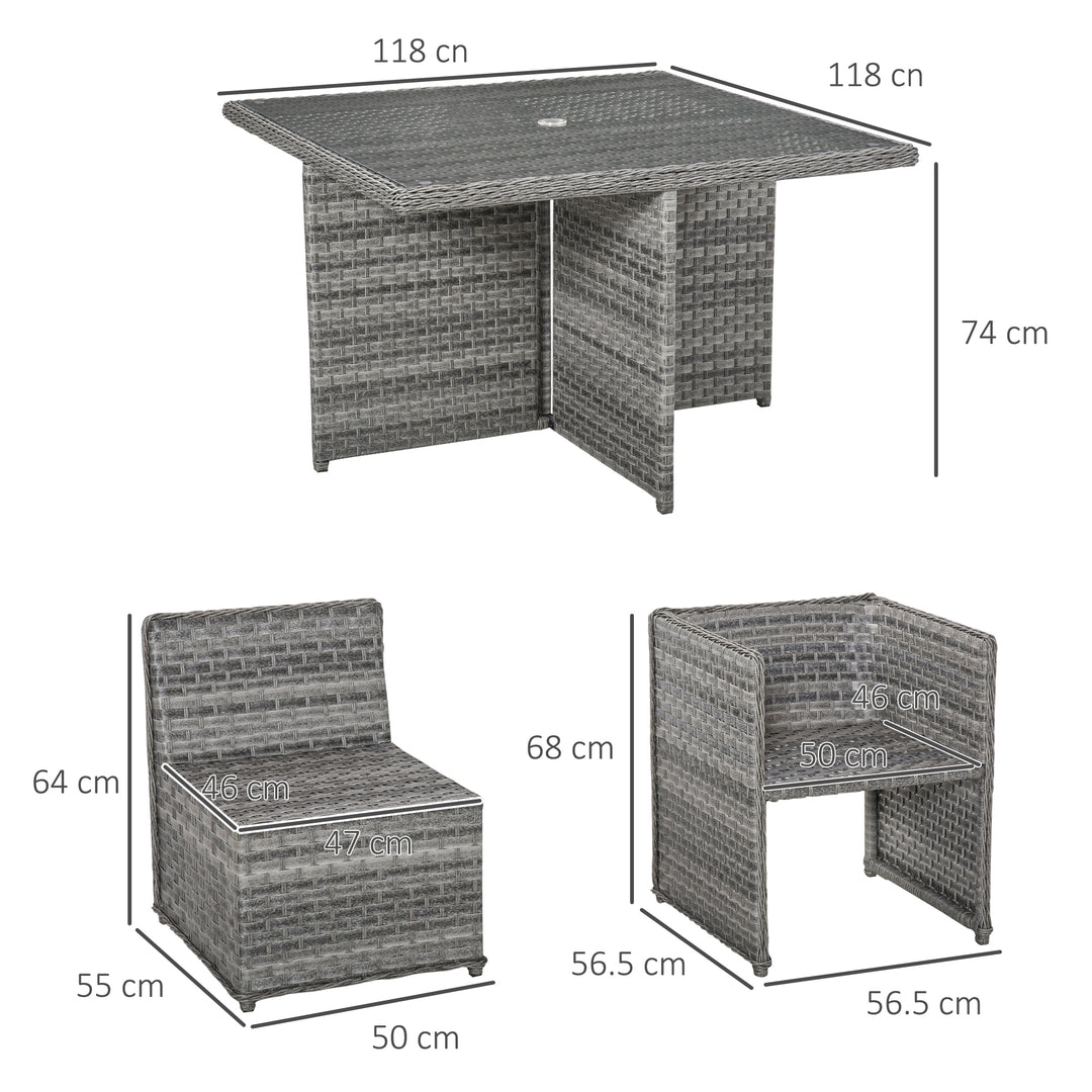 Outsunny Patio 8-Seater Rattan Dining Table Chair Set Garden Wicker Cube Sofa Furniture w/ Umbrella Hole Table for Indoor &amp; Outdoor Mixed Grey