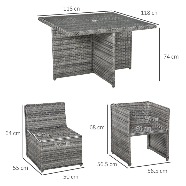 Outsunny Patio 8-Seater Rattan Dining Table Chair Set Garden Wicker Cube Sofa Furniture w/ Umbrella Hole Table for Indoor &amp; Outdoor Mixed Grey