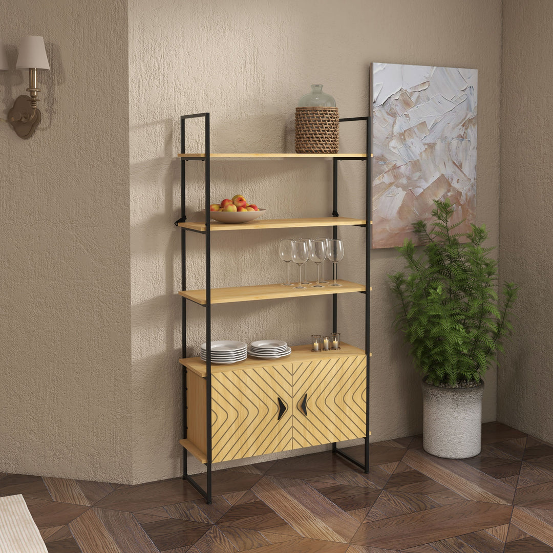 Industrial Bookshelf 4-Tier Shelving with Double Door Cabinet and Metal Frame for Living Room, Bedroom, Oak Tone