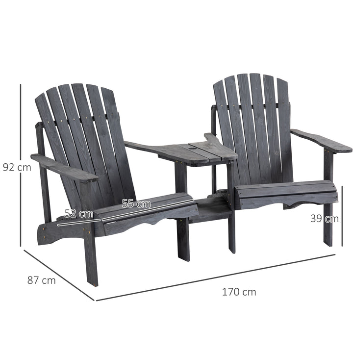 Wooden Outdoor Double Adirondack Chairs Loveseat w/ Center Table and Umbrella Hole, Garden Patio Furniture for Lounging and Relaxing, Grey