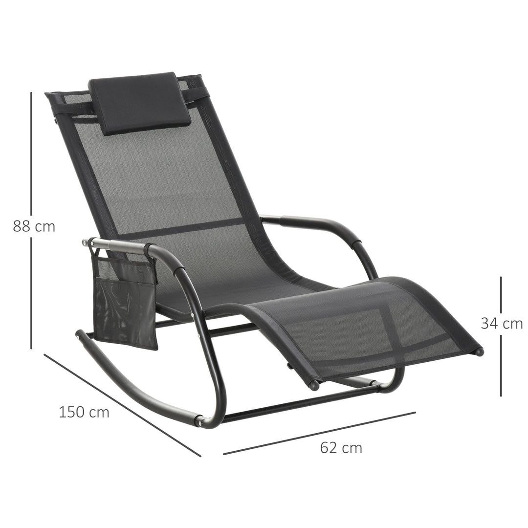 Breathable Mesh Rocking Chair Patio Rocker Lounge for Indoor &amp; Outdoor Recliner Seat w/ Removable Headrest for Garden and Patio Black
