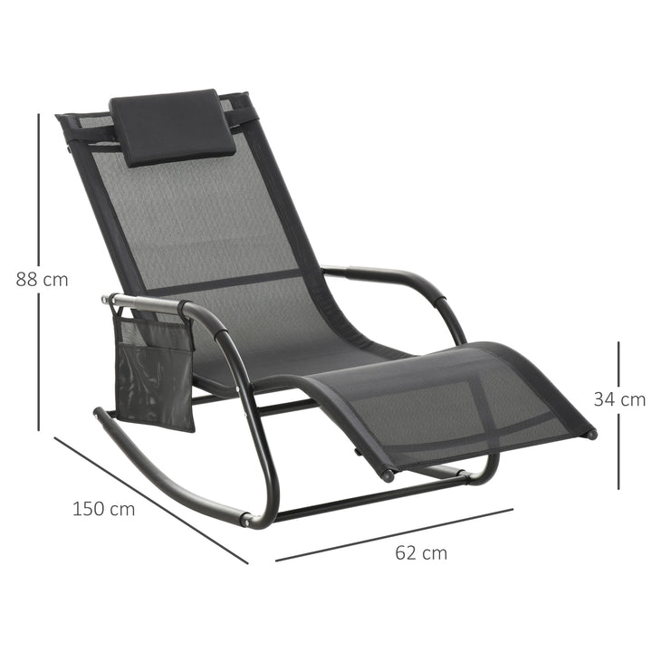 Breathable Mesh Rocking Chair Patio Rocker Lounge for Indoor &amp; Outdoor Recliner Seat w/ Removable Headrest for Garden and Patio Black