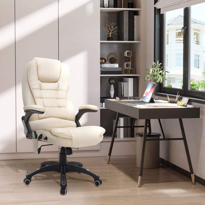 Executive Office Chair with Massage and Heat, High Back PU Leather Massage Office Chair With Tilt and Reclining Function, Beige