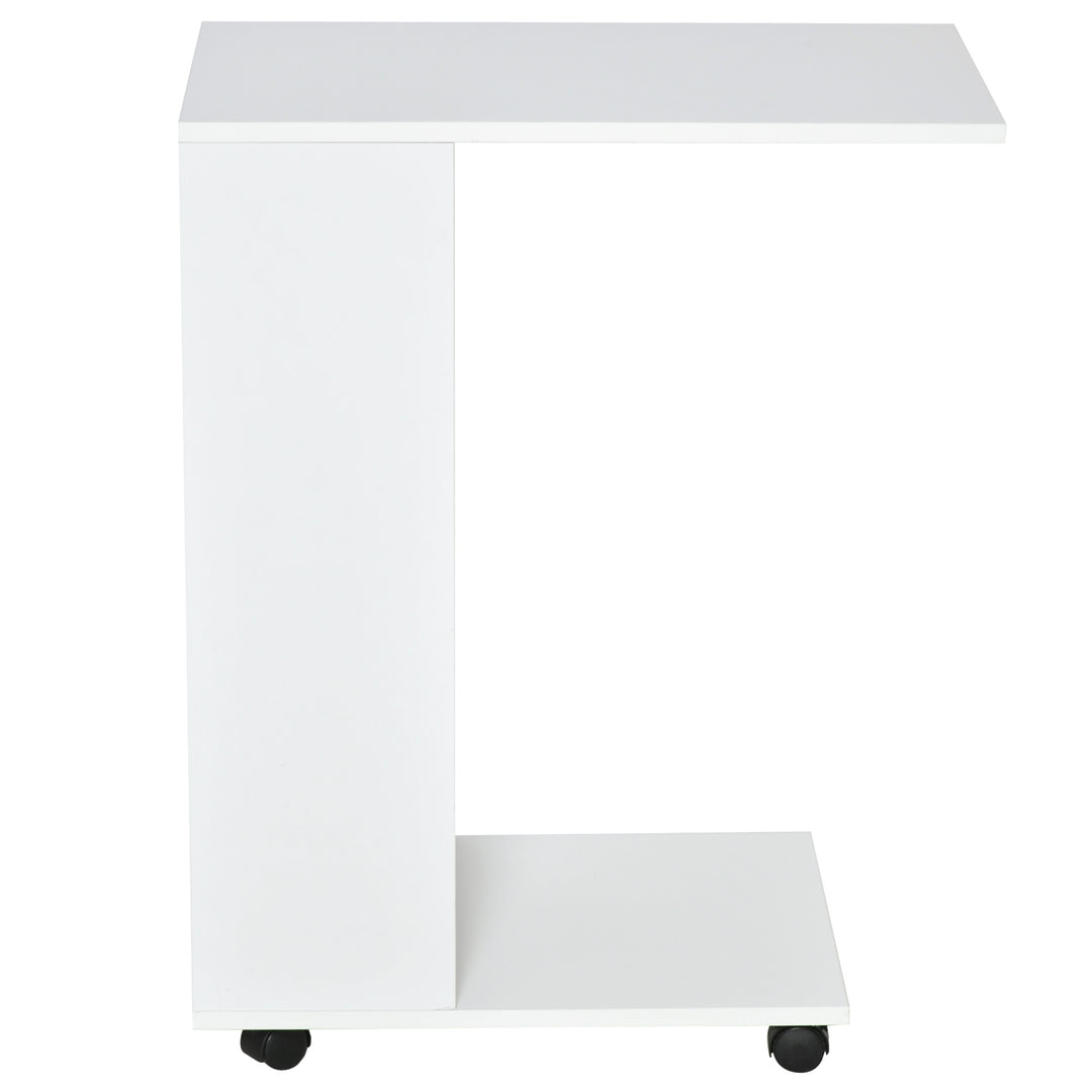 Mobile Sofa Side Table C-Shape End Table with Storage and Casters for Laptop Coffee Snack, White