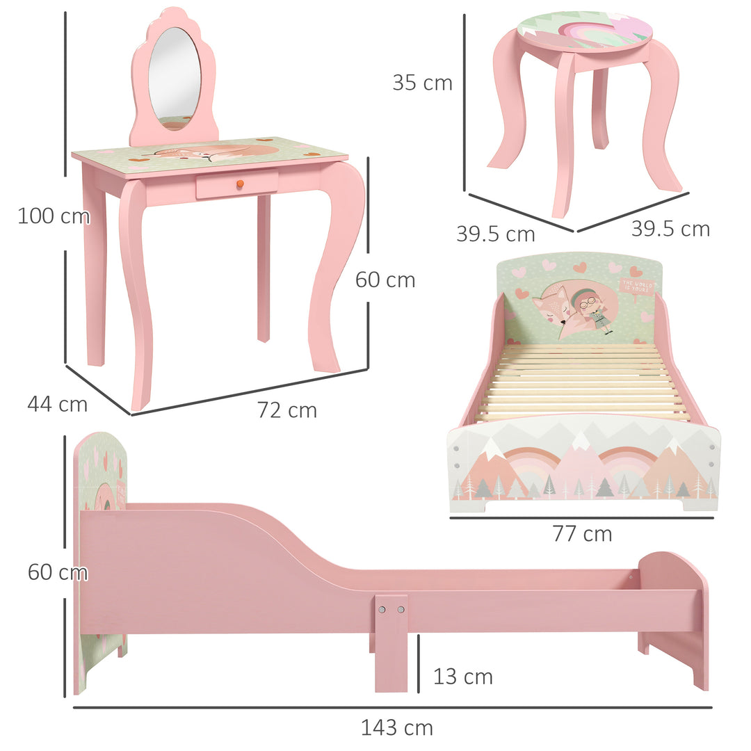 Toddler Bed Frame, Kids Dressing Table with Mirror and Stool, Kids Bedroom Furniture Set for Ages 3-6 Years, Pink